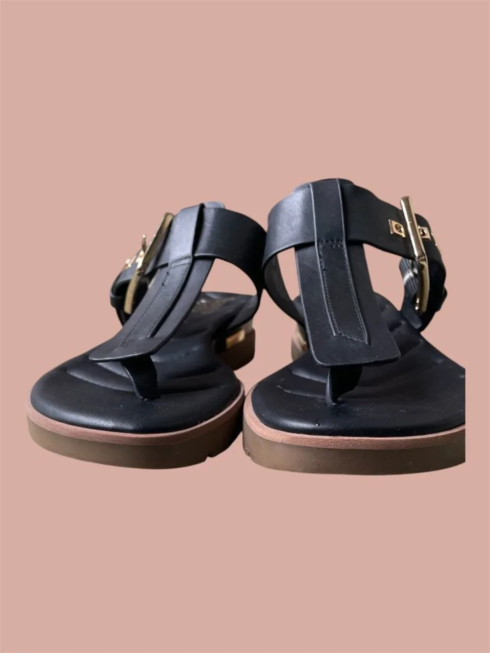 Franco Sarto Black Leather Slide Sandals with Gold Hardware Detail